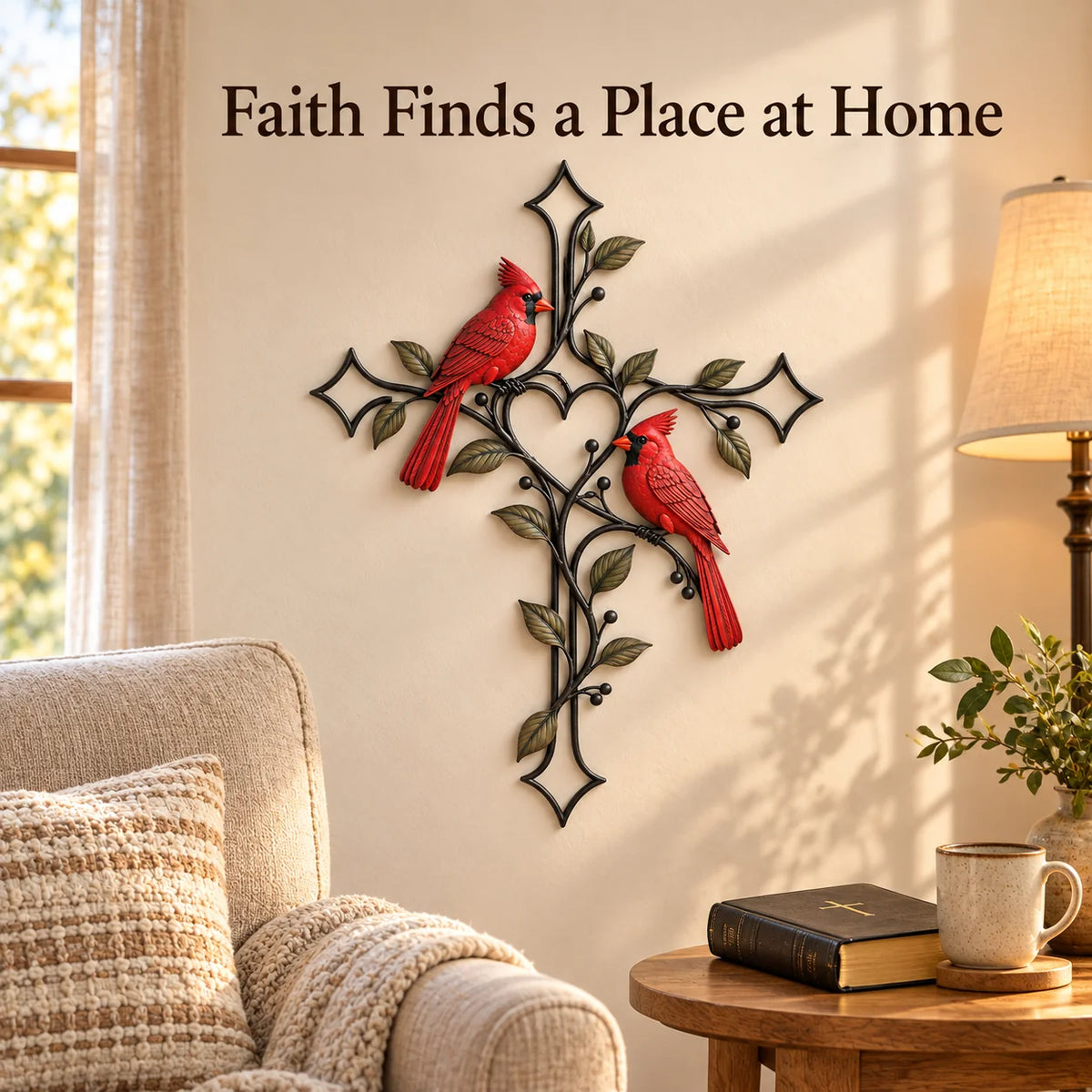 ❤️ Love Stays Close – Cardinal Heart Cross Wall Decor