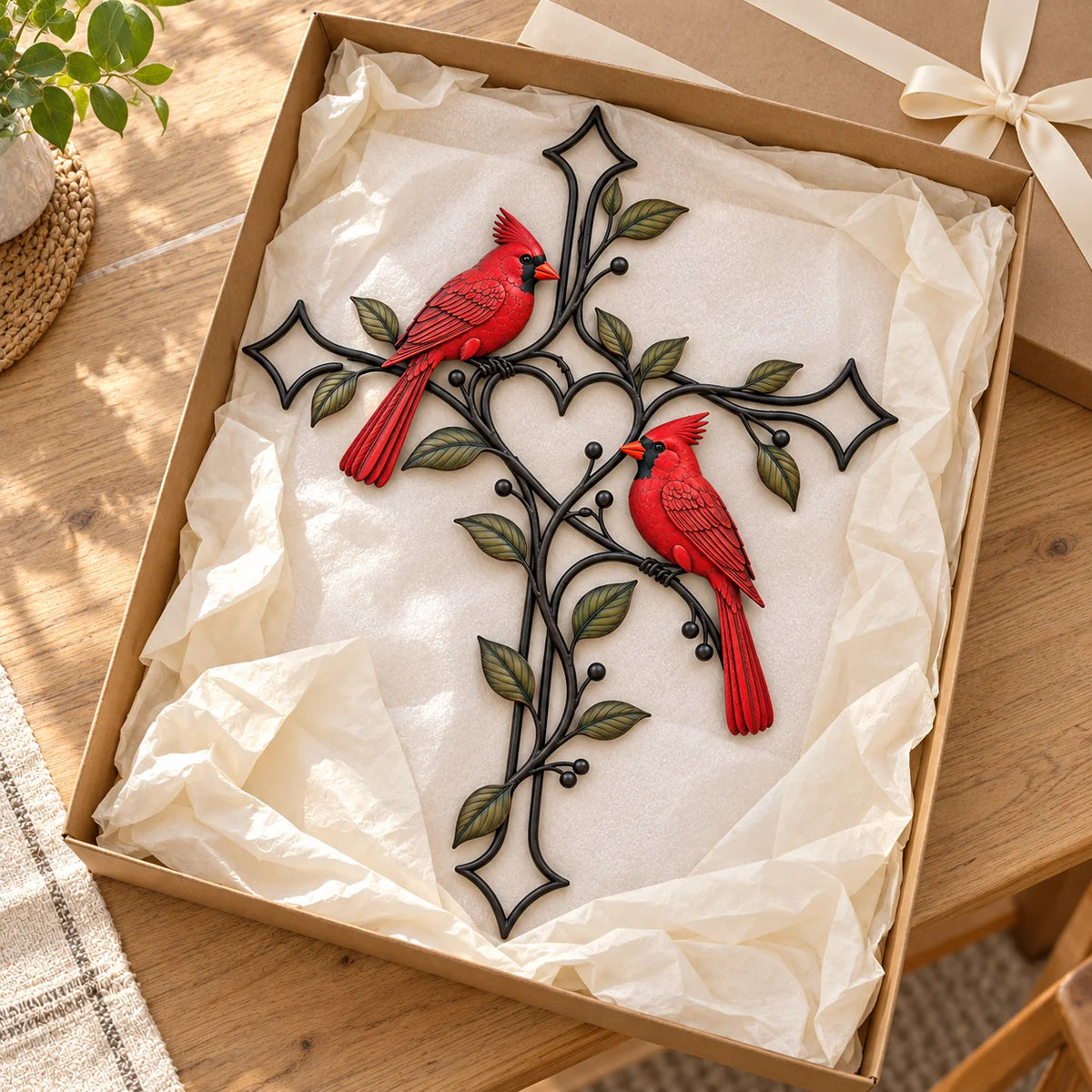 ❤️ Love Stays Close – Cardinal Heart Cross Wall Decor