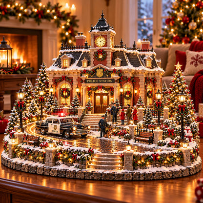 🎄 Christmas Police Station Village™ – Warm LED Lights, Vintage Patrol Car & K9 Holiday Display