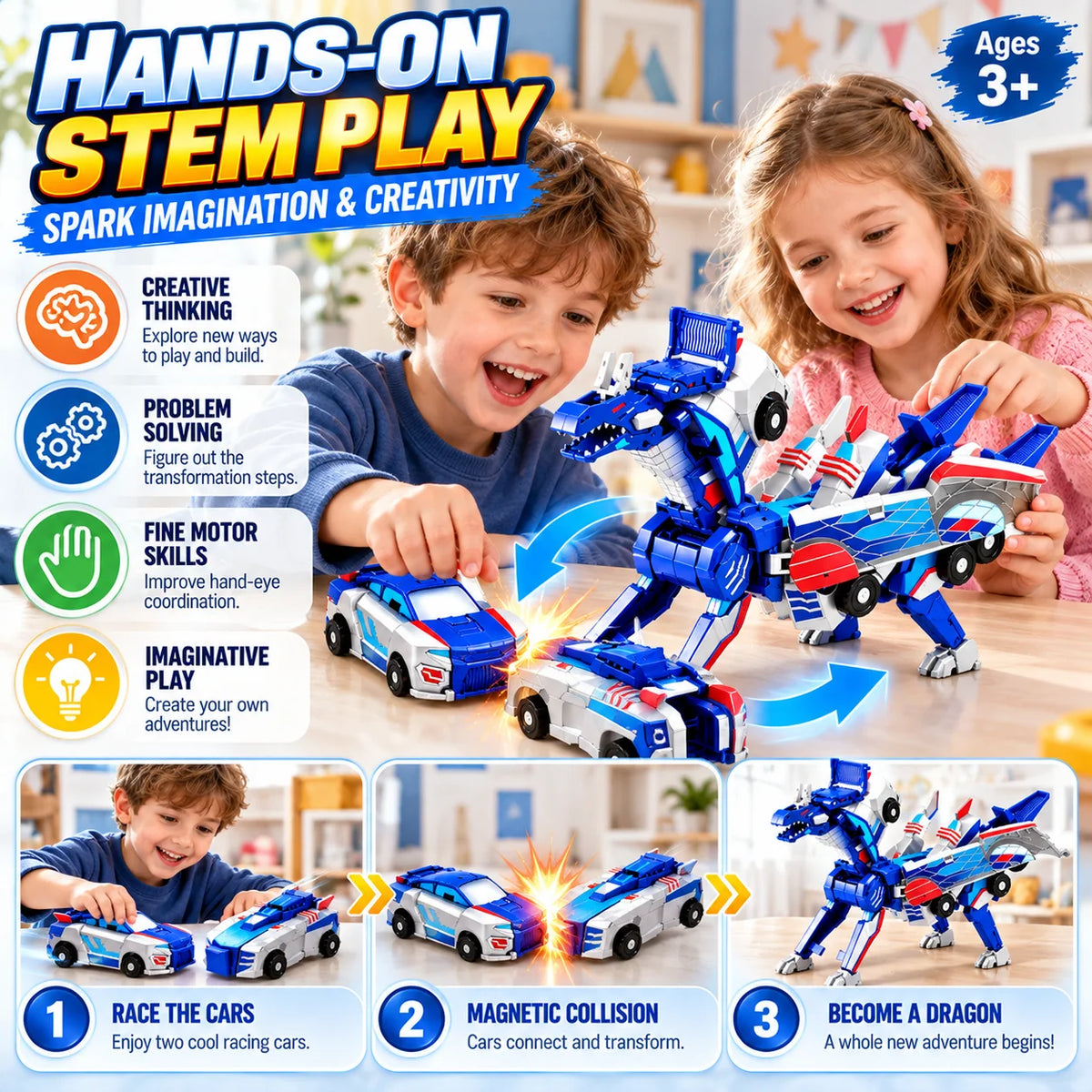 2-in-1 Magnetic Transforming Dragon Car Toy – Racing Car Set
