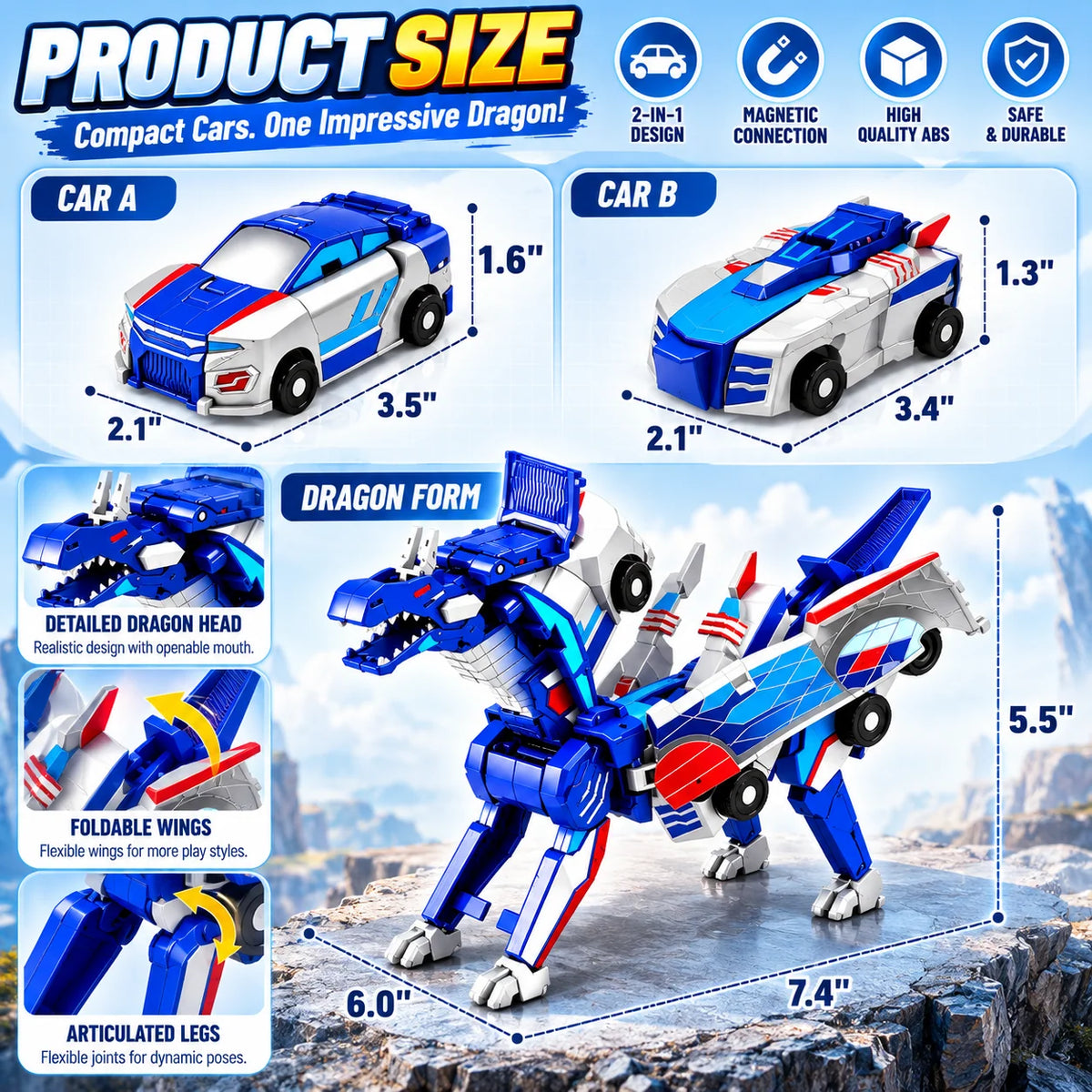 2-in-1 Magnetic Transforming Dragon Car Toy – Racing Car Set