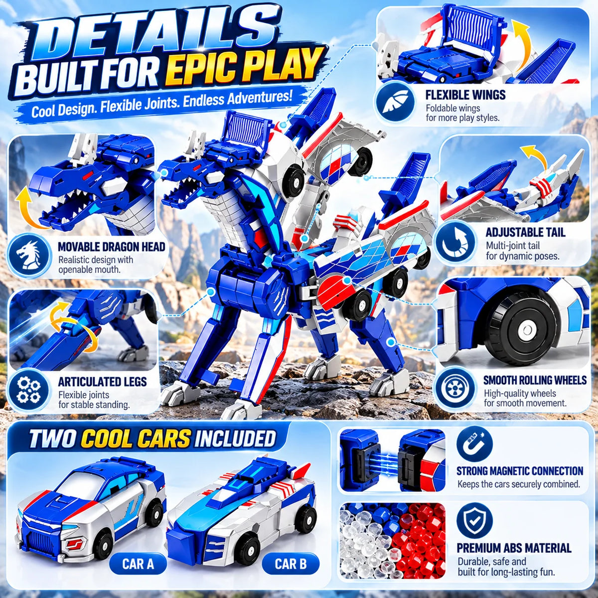 2-in-1 Magnetic Transforming Dragon Car Toy – Racing Car Set