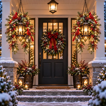 🎄 Christmas Porch Glow™ – Pre-lit Holiday Lantern & Evergreen Decor | 3 Festive Styles