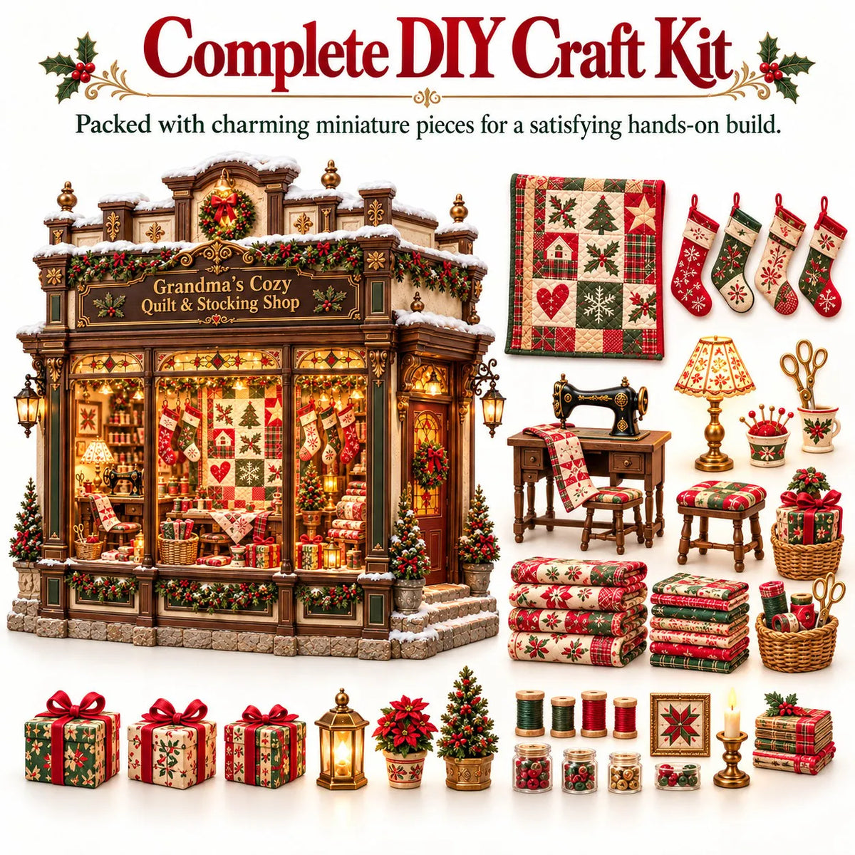 🧵 Grandma’s Cozy Quilt Shop DIY Kit 🎄 | Light-Up Christmas Miniature | Build Your Own Holiday Tradition