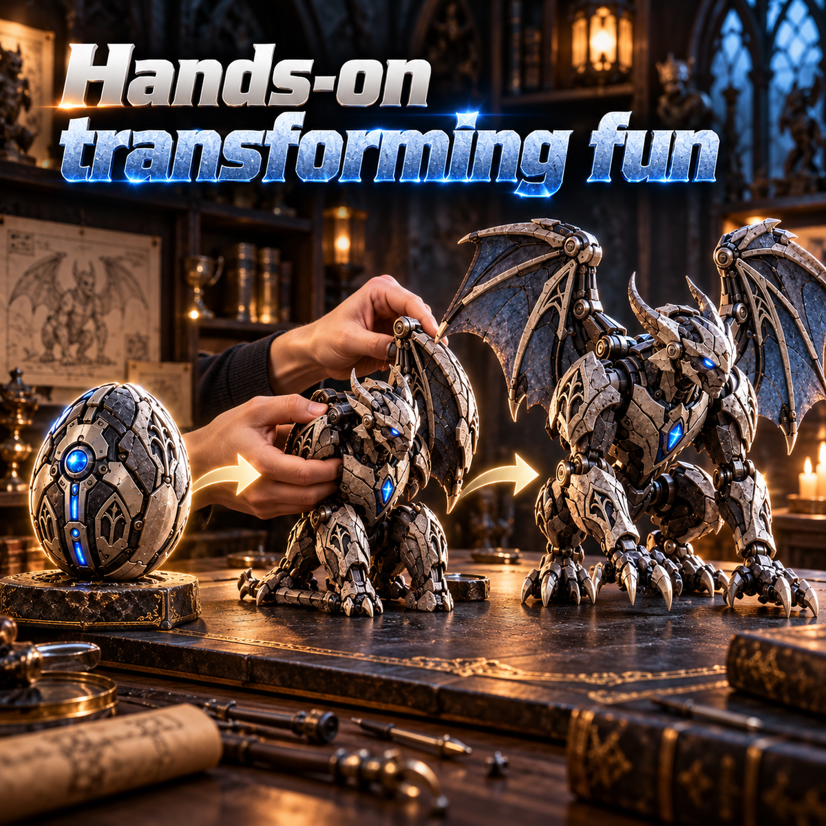 2 forms · 1 gothic guardian From Mechanical Egg to Gothic Gargoyle Start with a compact stone-metal egg, explore the transformation, then reveal a horned mechanical gargoyle with gothic wings, articulated claws and an icy blue core built for dramatic disp