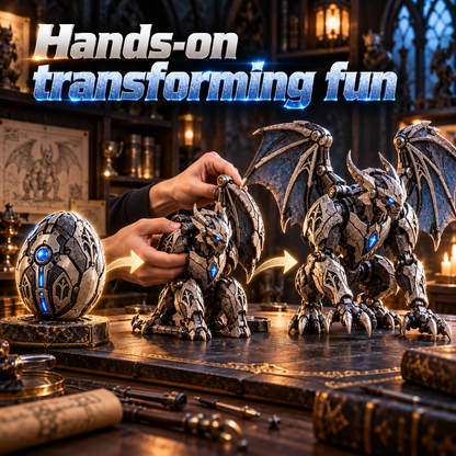 2 forms · 1 gothic guardian From Mechanical Egg to Gothic Gargoyle Start with a compact stone-metal egg, explore the transformation, then reveal a horned mechanical gargoyle with gothic wings, articulated claws and an icy blue core built for dramatic disp