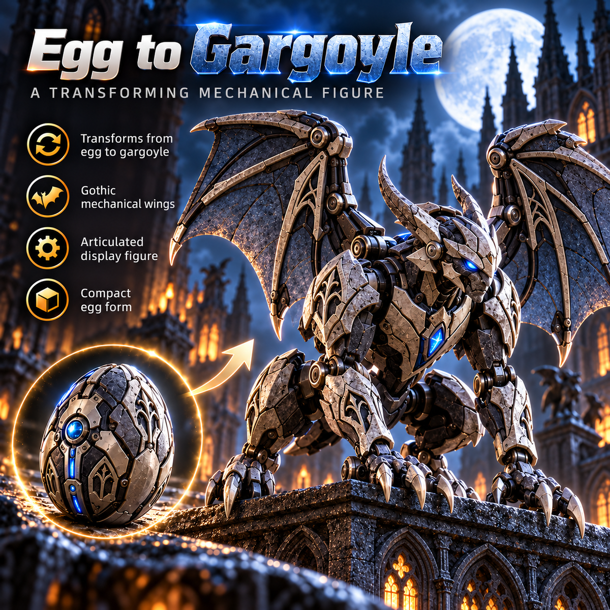 2 forms · 1 gothic guardian From Mechanical Egg to Gothic Gargoyle Start with a compact stone-metal egg, explore the transformation, then reveal a horned mechanical gargoyle with gothic wings, articulated claws and an icy blue core built for dramatic disp