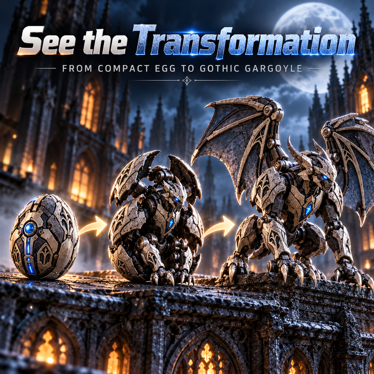 2 forms · 1 gothic guardian From Mechanical Egg to Gothic Gargoyle Start with a compact stone-metal egg, explore the transformation, then reveal a horned mechanical gargoyle with gothic wings, articulated claws and an icy blue core built for dramatic disp