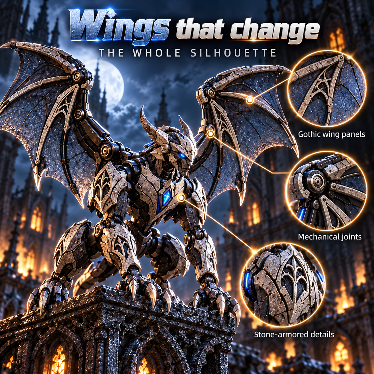 2 forms · 1 gothic guardian From Mechanical Egg to Gothic Gargoyle Start with a compact stone-metal egg, explore the transformation, then reveal a horned mechanical gargoyle with gothic wings, articulated claws and an icy blue core built for dramatic disp