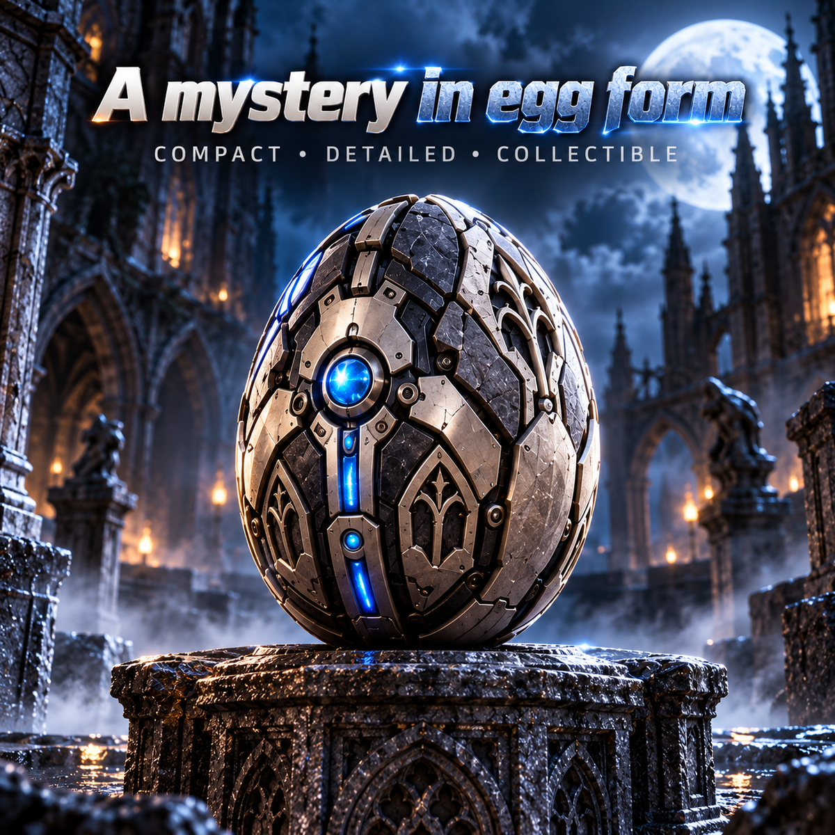 2 forms · 1 gothic guardian From Mechanical Egg to Gothic Gargoyle Start with a compact stone-metal egg, explore the transformation, then reveal a horned mechanical gargoyle with gothic wings, articulated claws and an icy blue core built for dramatic disp