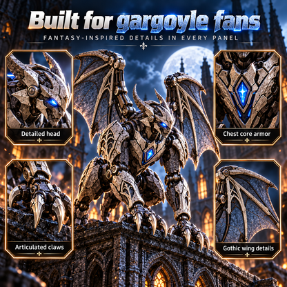 2 forms · 1 gothic guardian From Mechanical Egg to Gothic Gargoyle Start with a compact stone-metal egg, explore the transformation, then reveal a horned mechanical gargoyle with gothic wings, articulated claws and an icy blue core built for dramatic disp