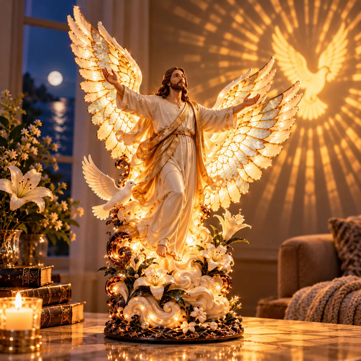 ✝️ Let His Love Light Up Your Home! 🕊️ Wings of His Love – Illuminated Jesus Sculpture with Angel Wings & Dove Projection!