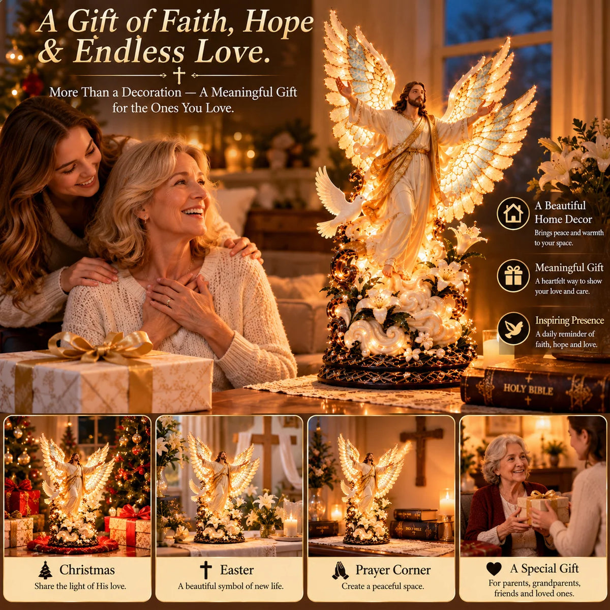 ✝️ Let His Love Light Up Your Home! 🕊️ Wings of His Love – Illuminated Jesus Sculpture with Angel Wings & Dove Projection!