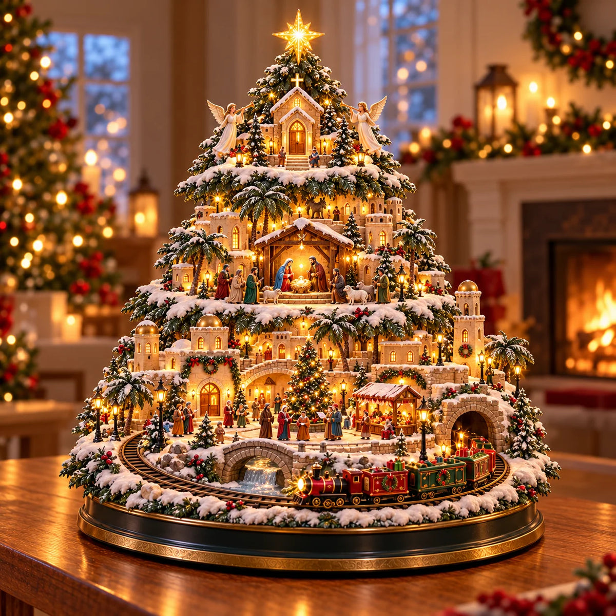 🎄 Lighted 3-Tier Christmas Village Tree – Magical Holiday Tabletop Decor