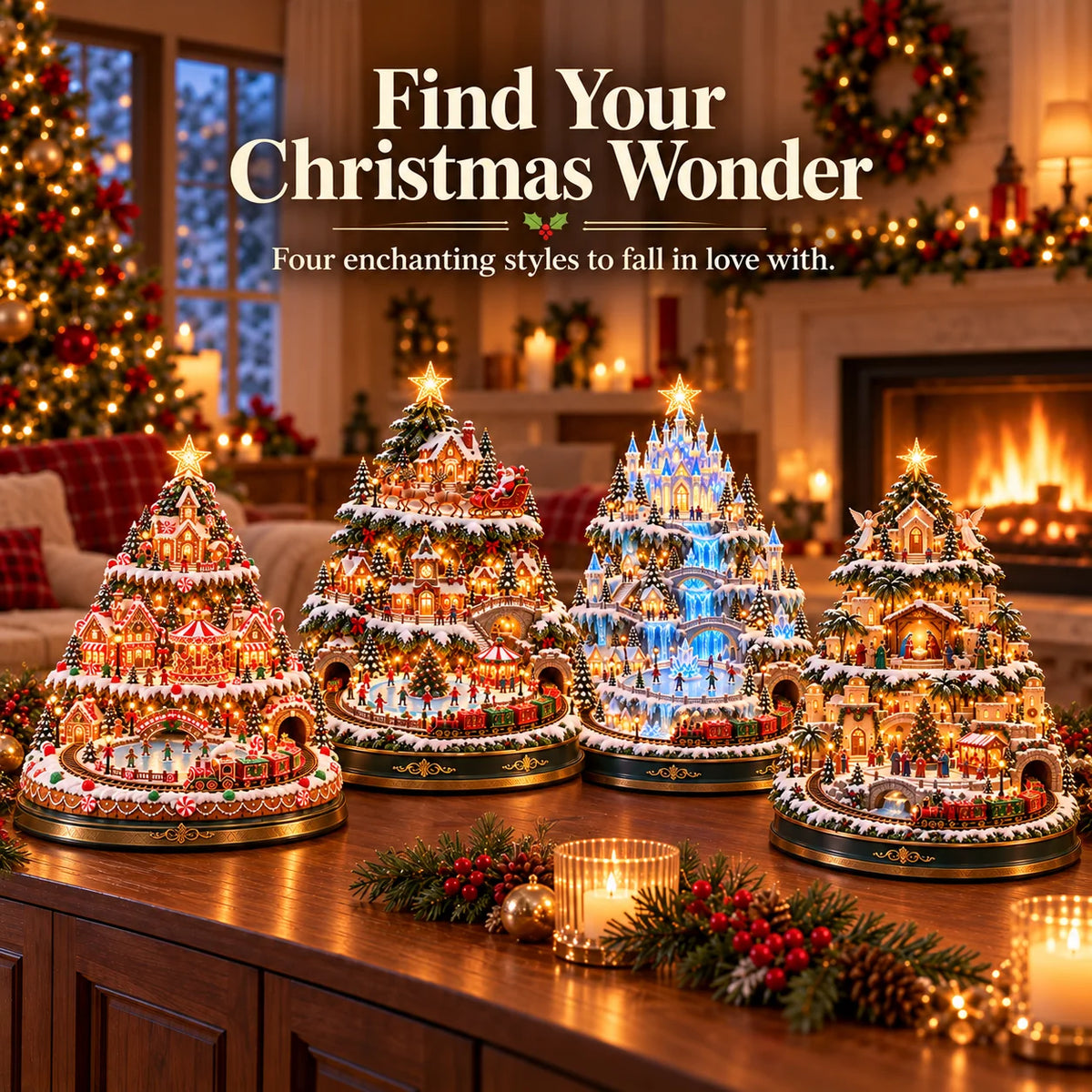 🎄 Lighted 3-Tier Christmas Village Tree – Magical Holiday Tabletop Decor