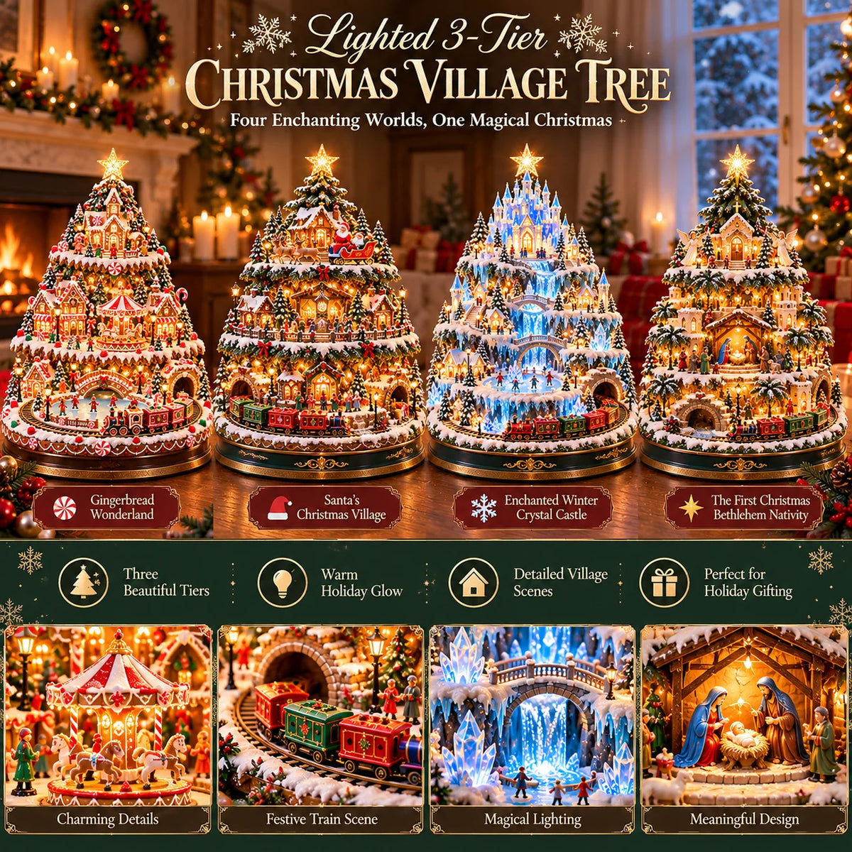 🎄 Lighted 3-Tier Christmas Village Tree – Magical Holiday Tabletop Decor