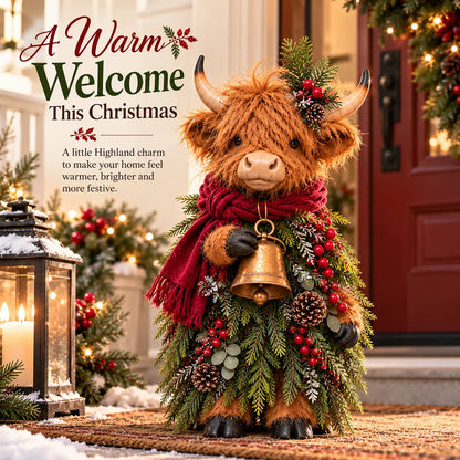 Christmas Highland Cow with Bell – Rustic Farmhouse Holiday Figurine with Evergreen Accents & Burgundy Scarf
