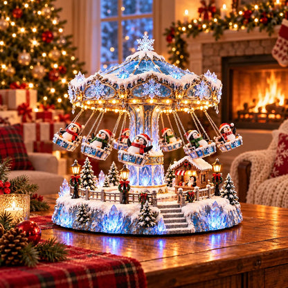 🐧 Penguin Winter Swing Carnival – Light-Up Rotating Christmas Village Decor