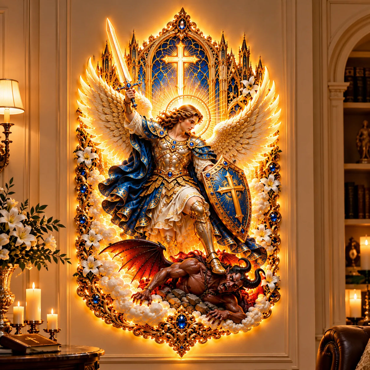 🛡️ Let Faith Conquer Darkness! ✨ Saint Michael the Archangel – Divine Protection Illuminated Wall Art