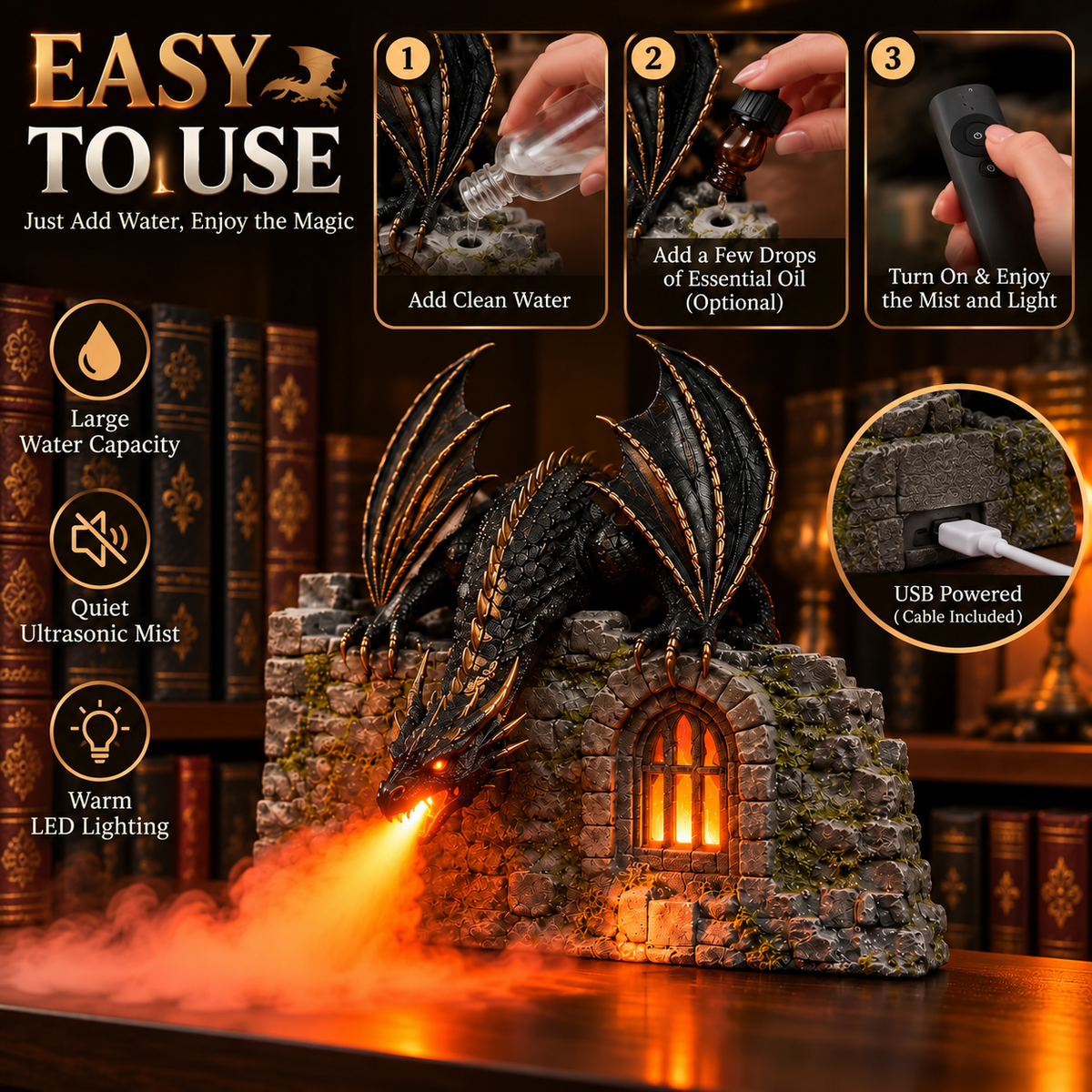 🐉🔥 Drachen-Luftbefeuchter mit Flammeneffekt –Fantasy Magic for Your Reading Nook 🔥