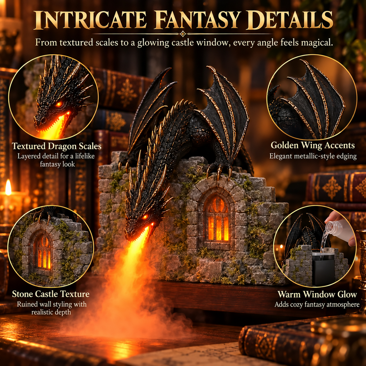 🐉🔥 Drachen-Luftbefeuchter mit Flammeneffekt –Fantasy Magic for Your Reading Nook 🔥