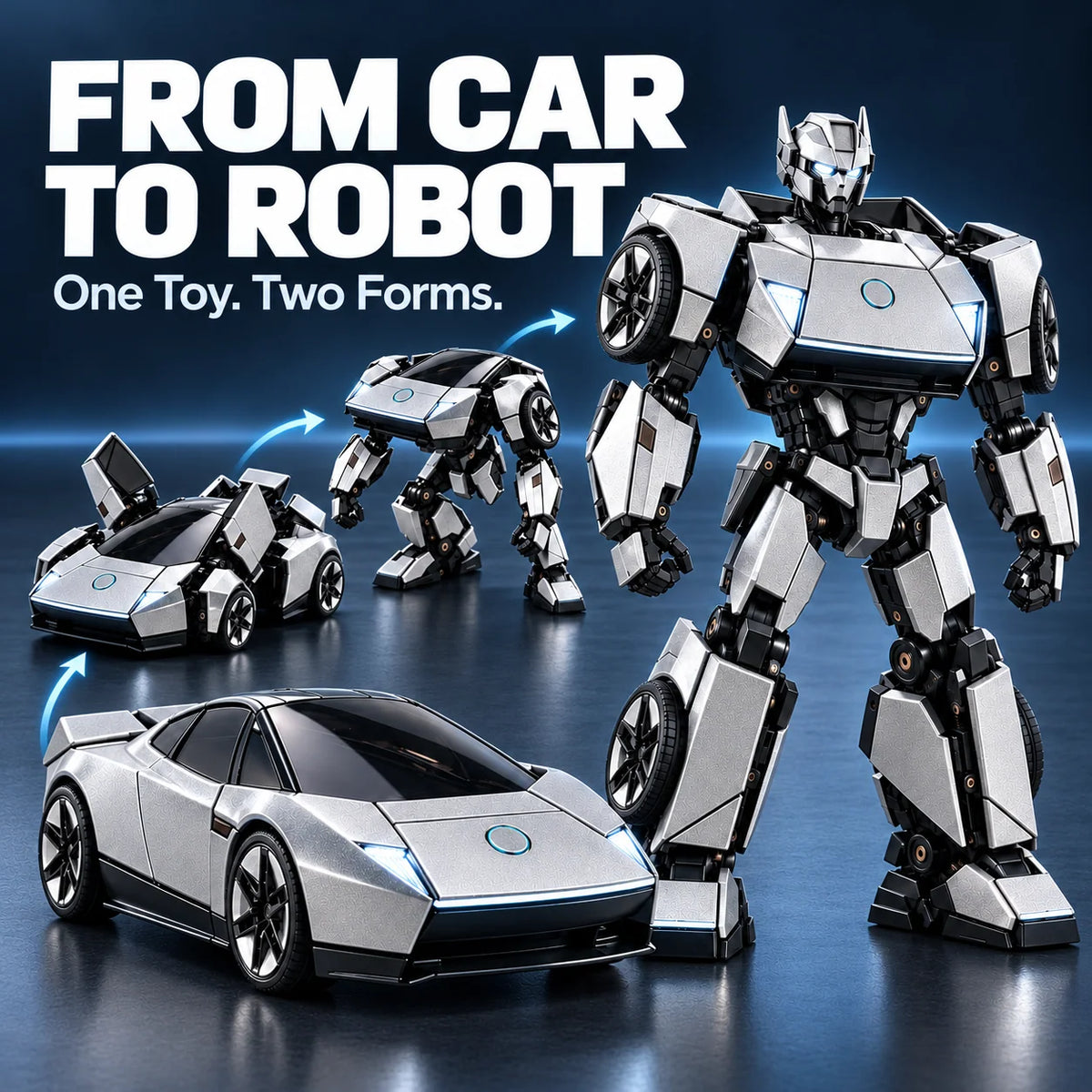 🏎️silver 2-in-1 Transforming Sports Car & Robot – Futuristic Mecha Figure