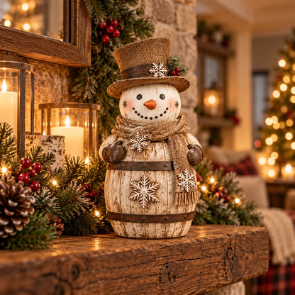 ☃️🎄 Frosted Barrel Snowman™ | Vintage Christmas Figurine