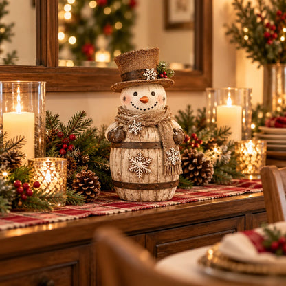 ☃️🎄 Frosted Barrel Snowman™ | Vintage Christmas Figurine