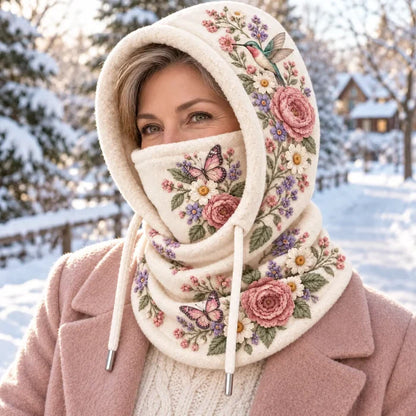 🌸 Women’s Floral 3-in-1 Winter Hood – Fleece-Lined Embroidered Hat, Face Cover & Neck Warmer