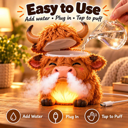 🐮 Highland Cow Huff™ – Tap-to-Puff Humidifier & Colorful Night Light ✨🎁