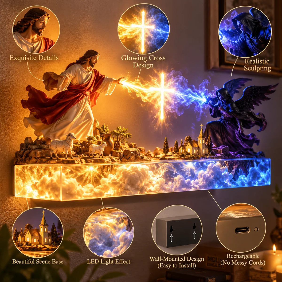 ✝️✨ Divine Light of Faith™ – 3D Lighted Jesus & Angel Wall Art with Glowing Cross