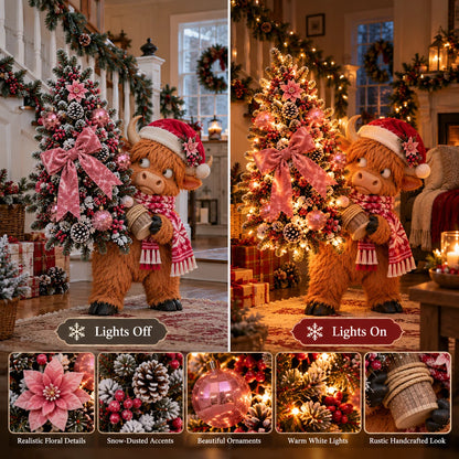 🎄🐮 Pinkmas Tree Bandit™ – Funny Lighted Highland Cow Carrying a Sparkling Pink Christmas Tree, Whimsical Holiday Porch Decor 🎀✨
