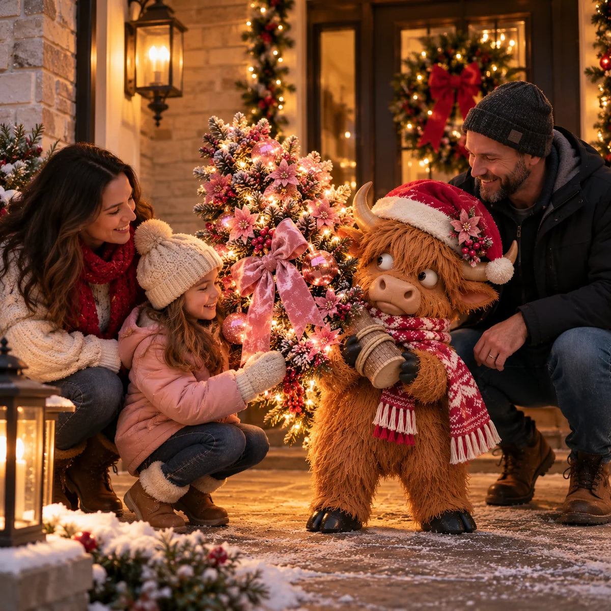 🎄🐮 Pinkmas Tree Bandit™ – Funny Lighted Highland Cow Carrying a Sparkling Pink Christmas Tree, Whimsical Holiday Porch Decor 🎀✨