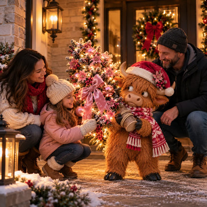 🎄🐮 Pinkmas Tree Bandit™ – Funny Lighted Highland Cow Carrying a Sparkling Pink Christmas Tree, Whimsical Holiday Porch Decor 🎀✨