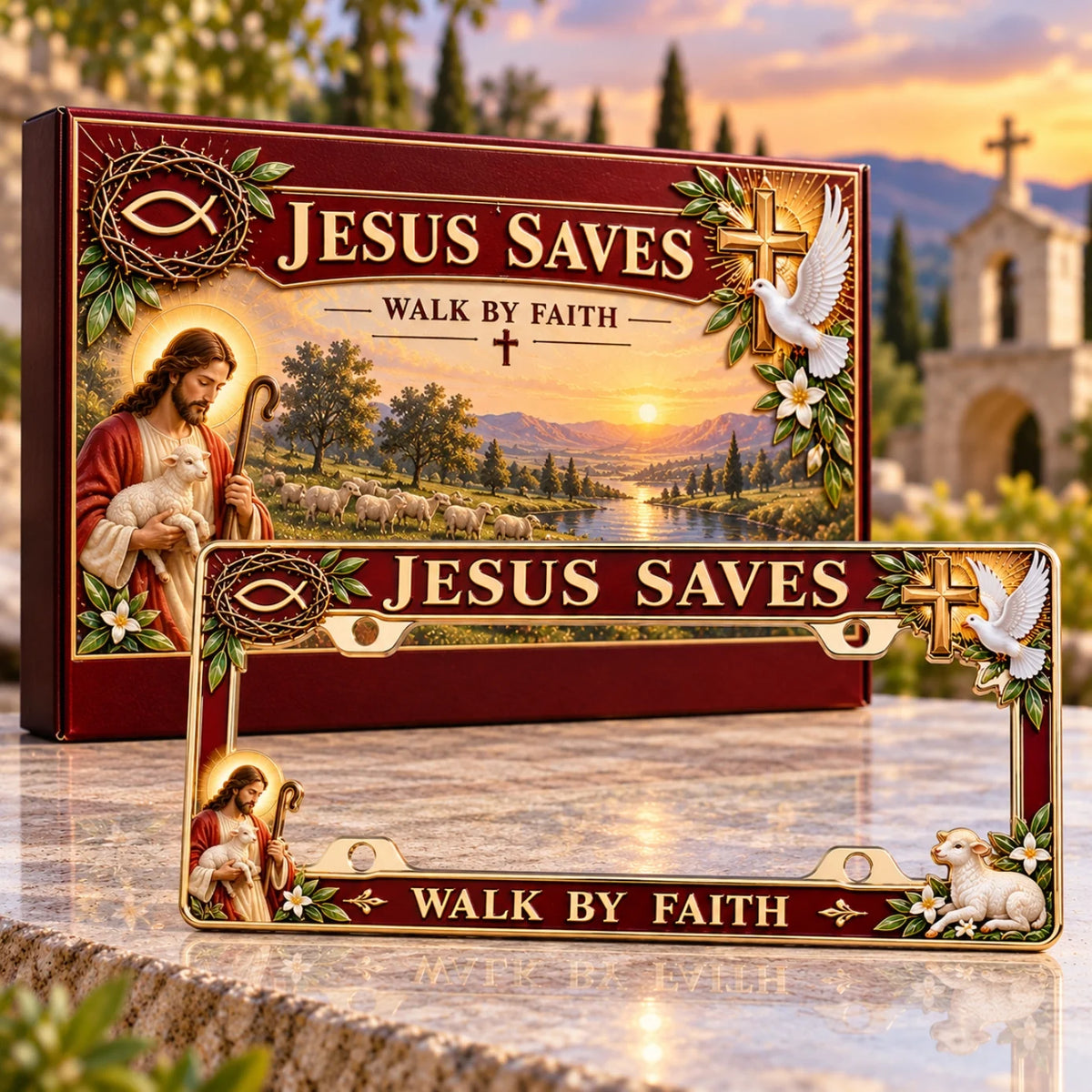 Jesus Saves Walk by Faith Christian metal license plate frame