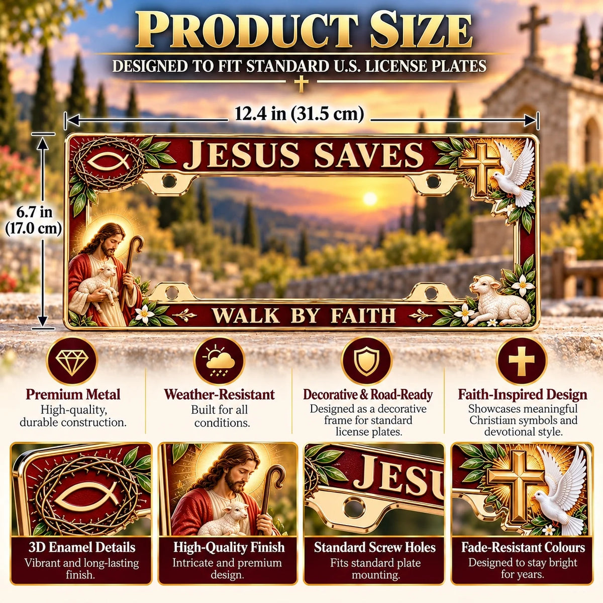 Jesus Saves Walk by Faith metal frame details