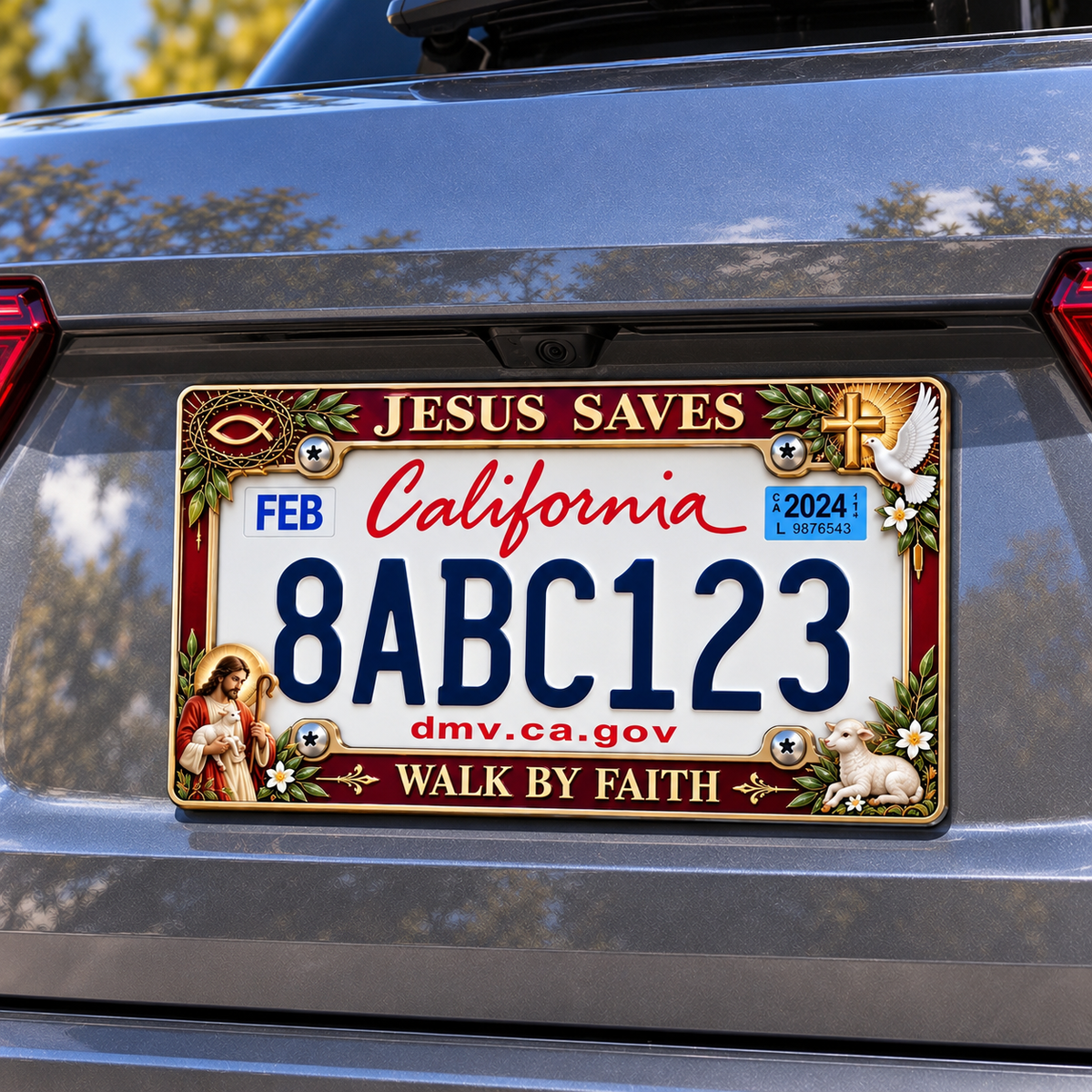 Jesus Saves Walk by Faith frame installed on vehicle