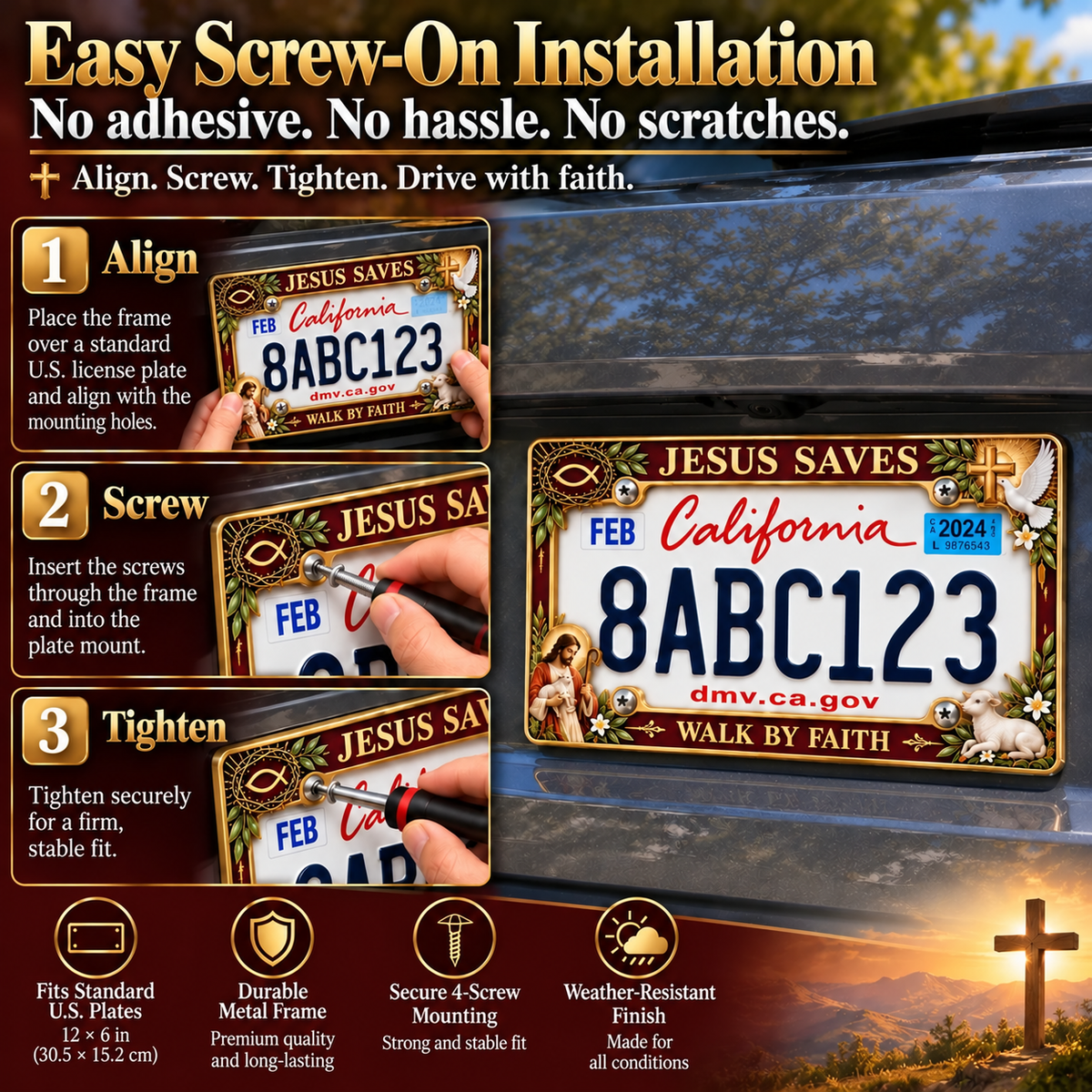 Jesus Saves Christian license plate frame installation