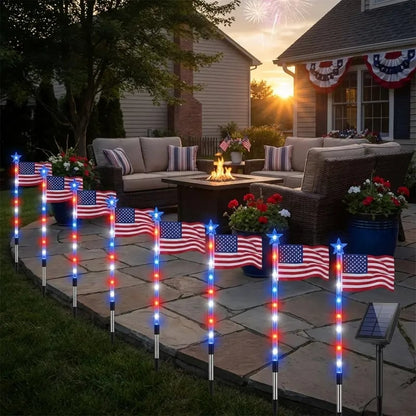 🎆8 Solar American Flag Pathway Lights – Red, White & Blue Yard Glow for 250th Independence Celebration ✨
