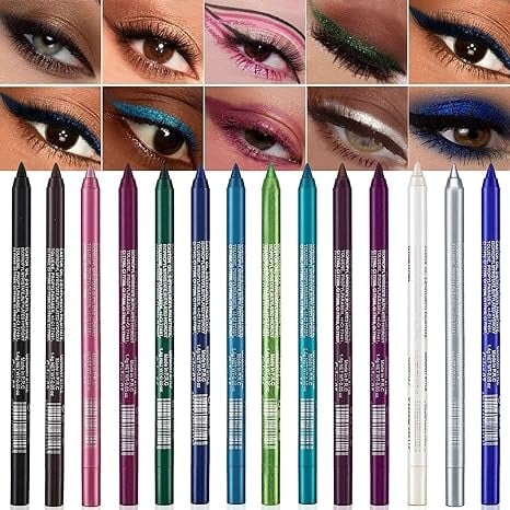 💧14-Pack Waterproof Colored Gel Eyeliner Pencil – Metallic & Shimmer Finishes, Smudge-Proof