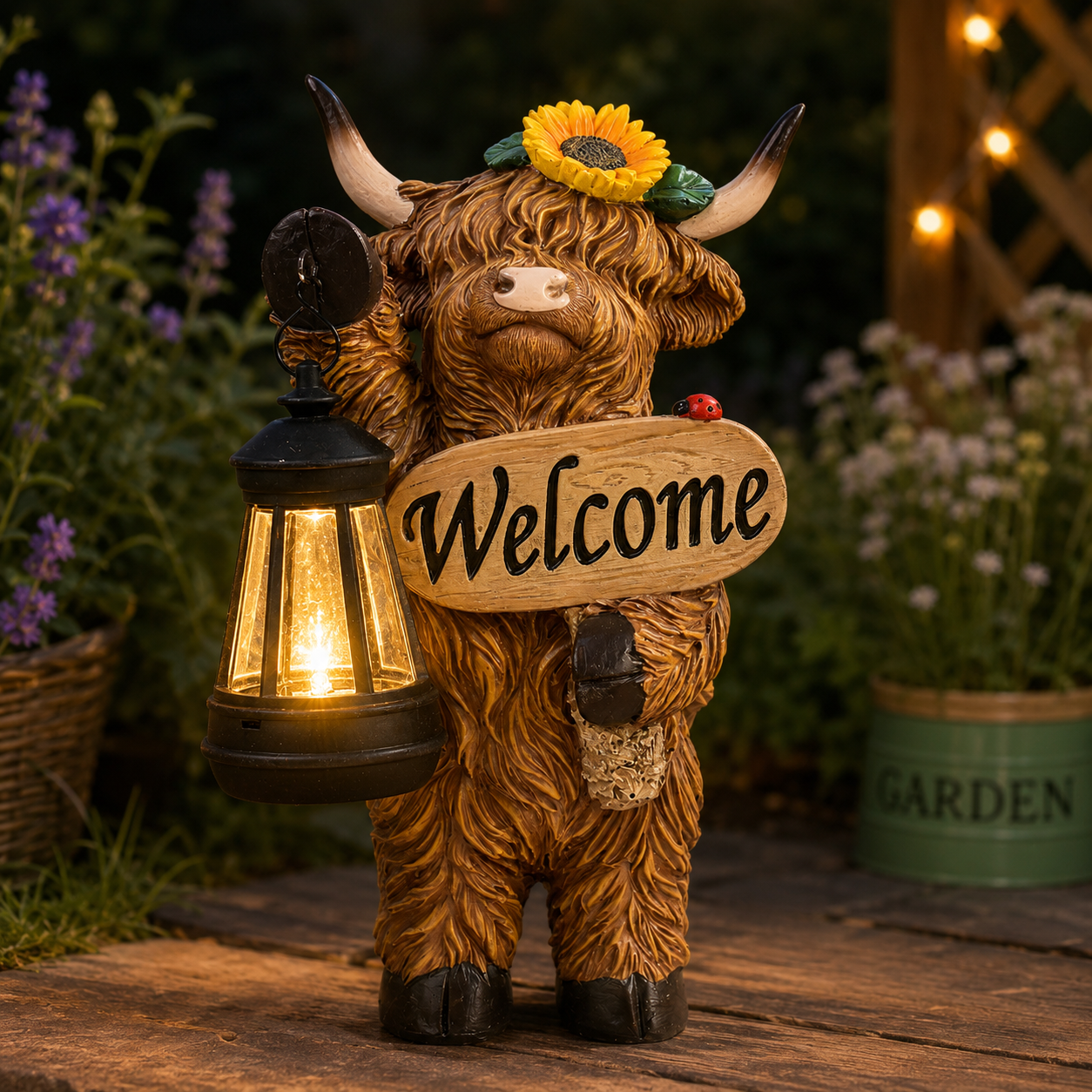 Solar-Powered Scottish Highland Bull Garden Welcome Light