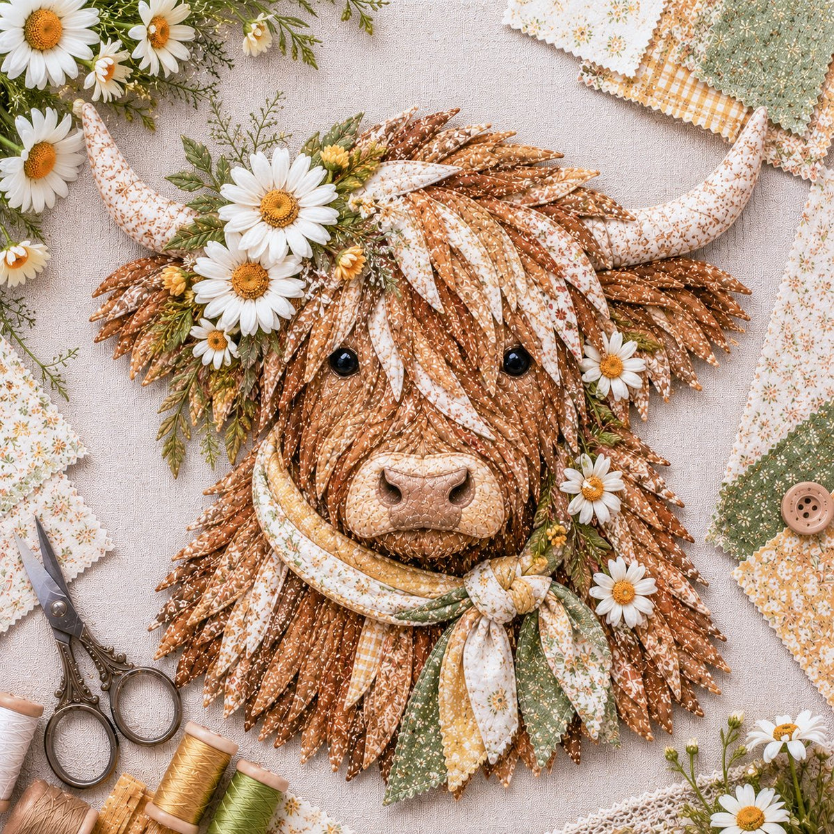 🐮💐🌸 Birth Flower Highland Cow 3D Layered Fabric Art DIY Kit (Beginner-friendly)