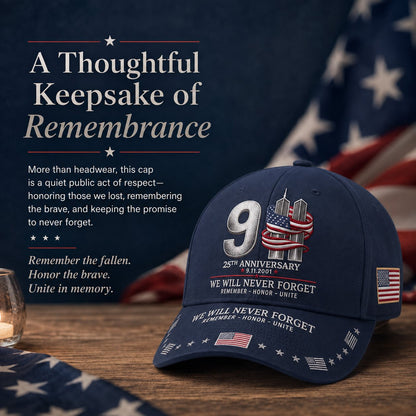 🔥9/11 25th Anniversary We Will Never Forget Printed Memorial Baseball Cap – Unisex Patriotic Memorial Hat🧢
