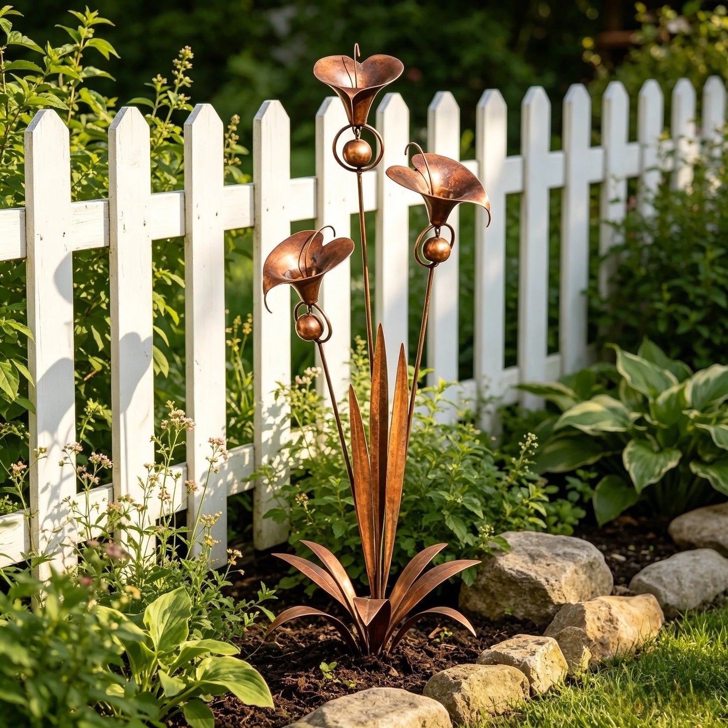 🏡🔥Flamed Copper Calla Lily Stake With Soothing Wind Bells