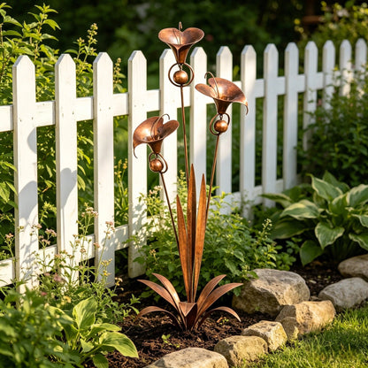 🏡🔥Flamed Copper Calla Lily Stake With Soothing Wind Bells