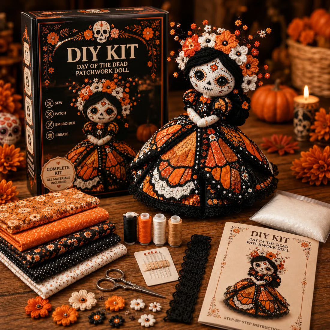 🎃 Day of the Dead Patchwork Doll DIY Sewing Kit – Handmade Fabric Doll Making Kit with Floral Details