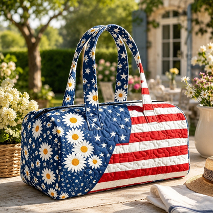 🔥Limited time 55% OFF 🇺🇸🧵 Handcrafted Patriotic Tote Bag – 3D Floral American Flag Travel Duffel
