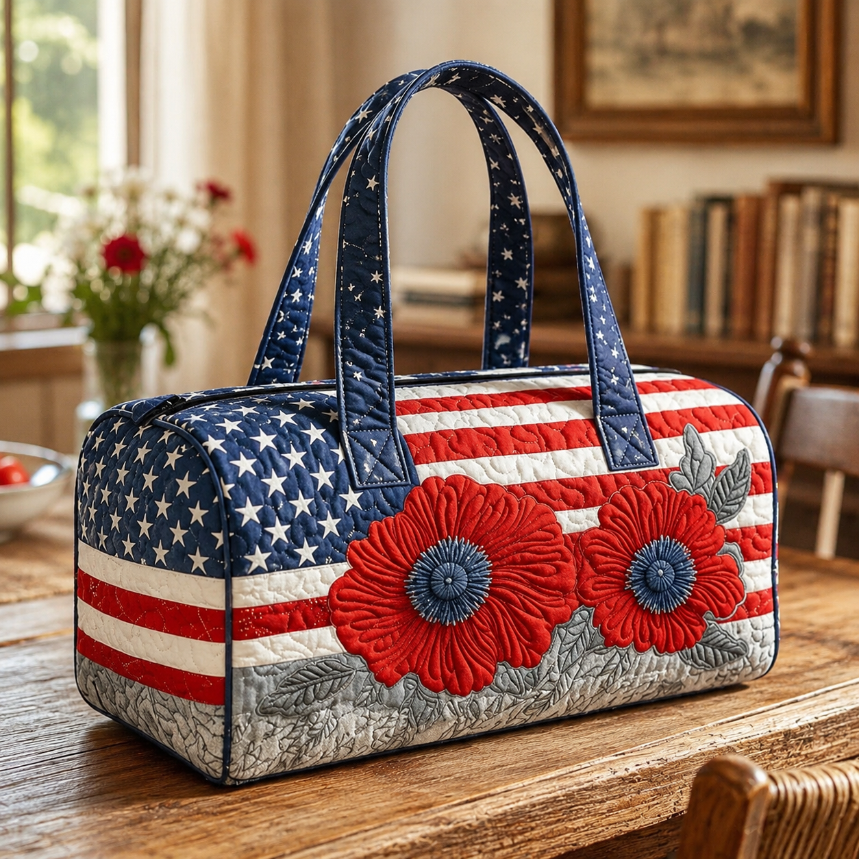 🔥Limited time 55% OFF 🇺🇸🧵 Handcrafted Patriotic Tote Bag – 3D Floral American Flag Travel Duffel