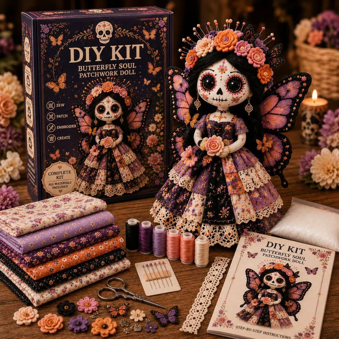 🎃 Day of the Dead Patchwork Doll DIY Sewing Kit – Handmade Fabric Doll Making Kit with Floral Details