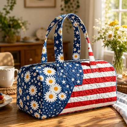 🔥Limited time 55% OFF 🇺🇸🧵 Handcrafted Patriotic Tote Bag – 3D Floral American Flag Travel Duffel